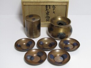 鎚起銅器　玉川堂造　鎚目打　銅老托子　茶托　五客　共箱　C　4551