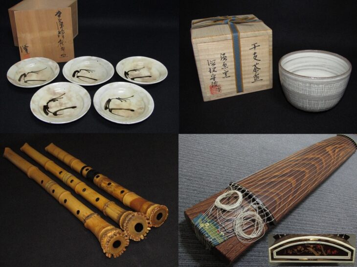 埼玉県川越市にて、中里隆の唐津絵粉引皿、干支茶碗などの茶道具や贈答品、お琴、尺八などの和楽器をお買取りしました。