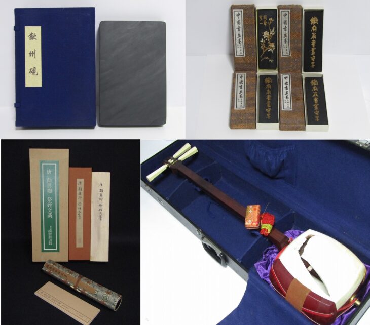 東京都千代田区にて、歙州硯や中国書画墨などの書道具、二玄社の掛軸、 津軽三味線などの和楽器をお買取りしました。