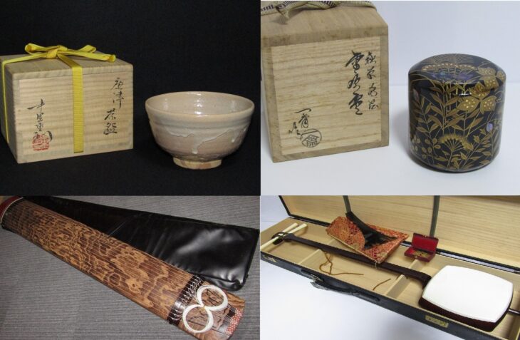 東京都板橋区にて、中里重利の唐津茶碗や茶平一斉の棗などの茶道具、琴、三味線などの和楽器をお買取りしました。