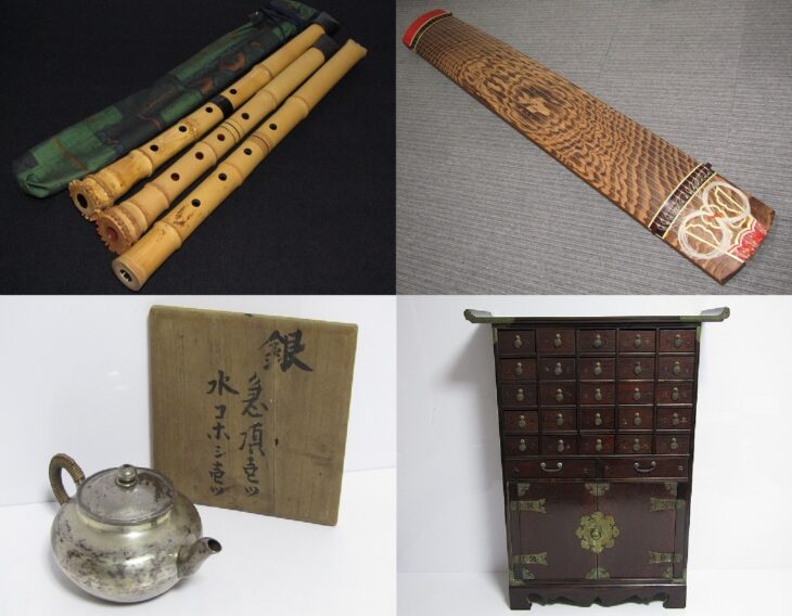 埼玉県さいたま市にて、尺八、琴などの和楽器、時代純銀急須などの煎茶道具、骨董箪笥(李朝家具)など