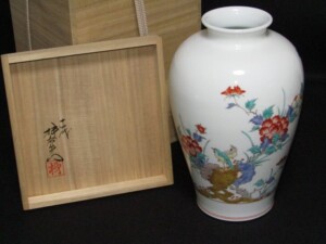 14代柿右衛門 ウズラ あわ草図 茶道具 花瓶 名入 共箱入