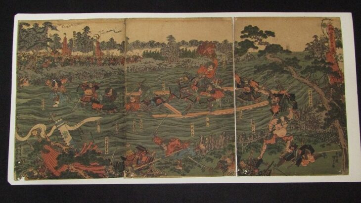 香蝶楼国貞「神霊矢口之渡」三枚続 武者絵 版画 浮世絵