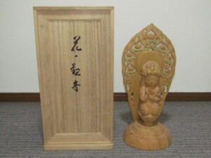 仏師 大内青圃 彩色木彫 彫刻「花の観音」共箱